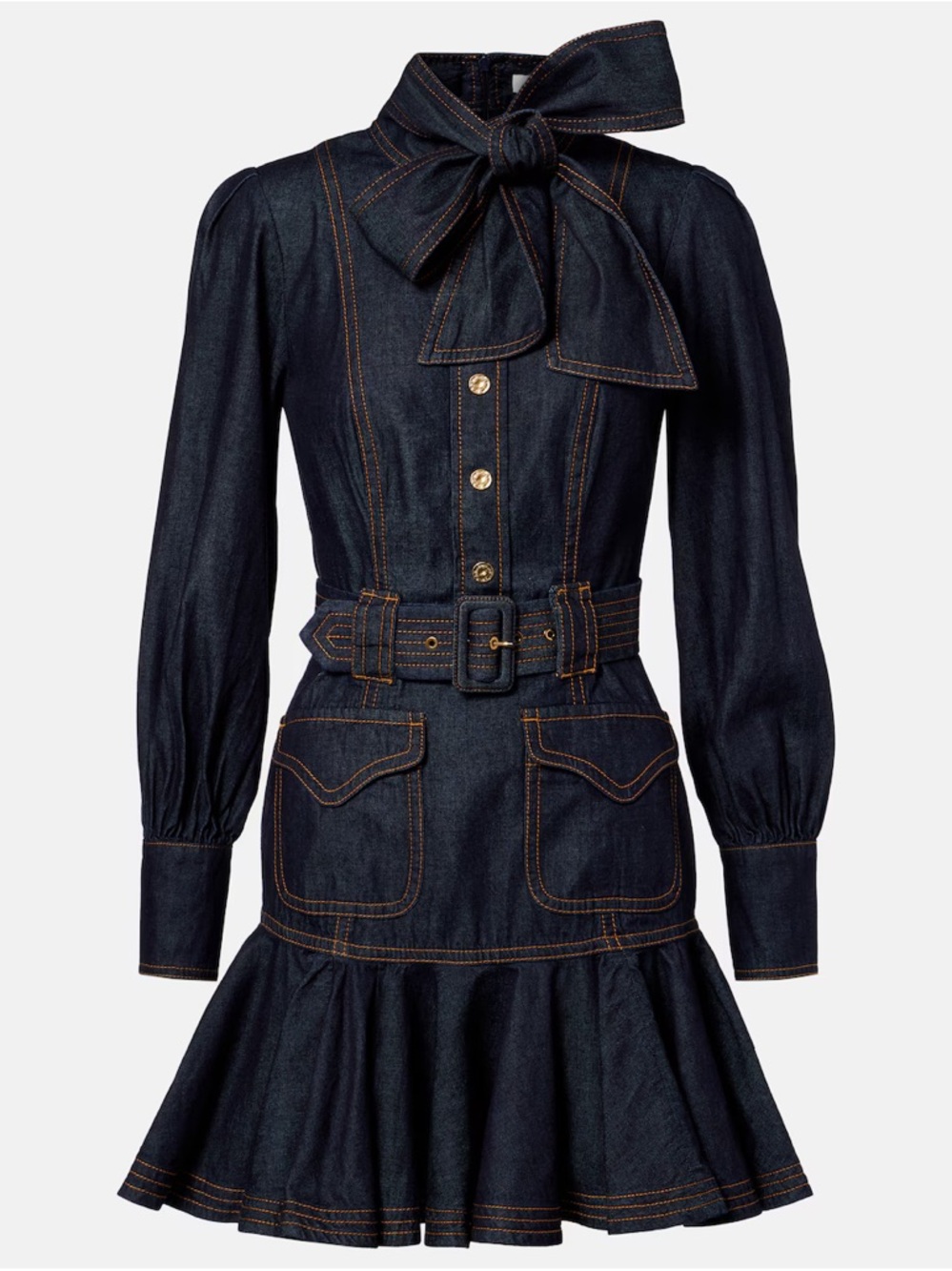 Zimmermann Denim Mini Dress Tie Belt Bow Ruffle Size AU 2, US 6-8 NWT